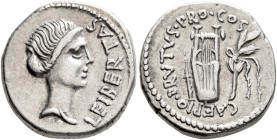 Brutus, 43-42 BC. Denarius (Silver, 17 mm, 3.81 g, 6 h), mint moving with Brutus in Lycia, spring-early summer 42. LEIBERTAS Head of Libertas to right...