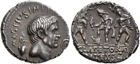 Sextus Pompey, 43-35 BC. Denarius (Silver, 18 mm, 3.94 g, 5 h), military mint in Sicily, 37-36. MAG•PIVS•IMP•IT[ER] Bare head of Cn. Pompeius Magnus t...