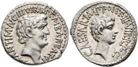 Mark Antony and Octavian. Denarius (Silver, 19 mm, 3.93 g, 10 h), with M. Barbatius. Ephesus (?), 41. M•ANT•IMP•AVG III•VIR•R•P•C•M•BARBAT•Q•P Bare he...