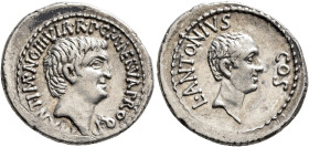 Mark Antony, 44-30 BC. Denarius (Silver, 21 mm, 3.92 g, 11 h), with Lucius Antony and M. Cocceius Nerva. Ephesus, summer 41. M•ANT•I MP AV G III VIR•R...