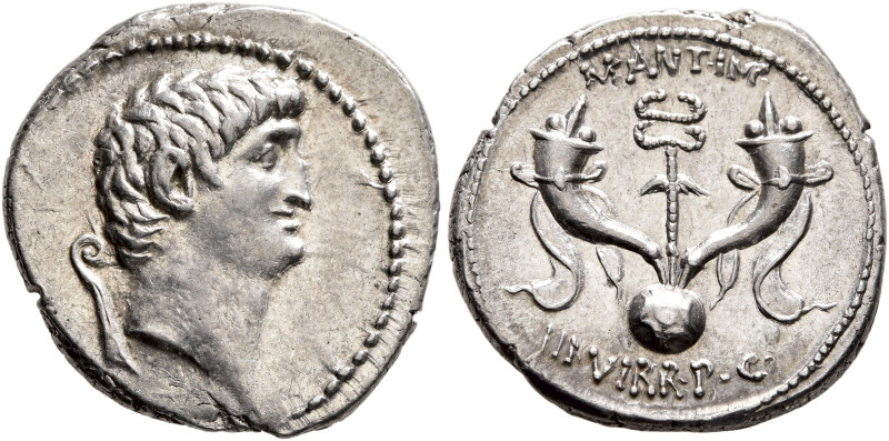 Mark Antony, 44-30 BC. Denarius (Silver, 19 mm, 3.92 g, 6 h), mint moving with M...