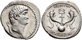 Mark Antony, 44-30 BC. Denarius (Silver, 19 mm, 3.92 g, 6 h), mint moving with Mark Antony (Corcyra?), summer 40. Bare head of Mark Antony to right; b...