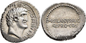Mark Antony, 44-30 BC. Denarius (Silver, 22 mm, 3.85 g, 3 h), with M. Junius Silanus, quaestor pro consule. Military mint moving with Antony, probably...