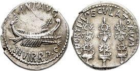 Mark Antony, 44-30 BC. Denarius (Silver, 18 mm, 3.75 g, 6 h), military mint moving with Mark Antony (Patrae?), 32-31. ANT•AVG - III VIR•R•P•C Galley r...