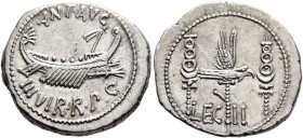 Mark Antony, 44-30 BC. Denarius (Silver, 20 mm, 3.83 g, 6 h), military mint moving with Mark Antony (Patrae?), 32-31. ANT•AVG - III VIR•R•P•C Galley r...