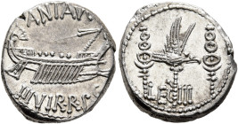 Mark Antony, 44-30 BC. Denarius (Silver, 16 mm, 3.77 g, 6 h), military mint moving with Mark Antony (Patrae?), 32-31. ANT AVG - III VIR•R•P•C Galley r...