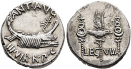 Mark Antony, 44-30 BC. Denarius (Silver, 17 mm, 3.72 g, 6 h), military mint moving with Mark Antony (Patrae?), 32-31. ANT•AVG - III•VIR•R•P•C Galley t...
