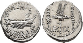 Mark Antony, 44-30 BC. Denarius (Silver, 17 mm, 3.84 g, 6 h), military mint moving with Mark Antony (Patrae?), 32-31. ANT•AVG - III VIR•R•P•C Galley r...