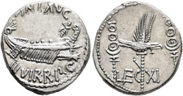 Mark Antony, 44-30 BC. Denarius (Silver, 17 mm, 3.82 g, 6 h), military mint moving with Mark Antony (Patrae?), 32-31. ANT AVG - III VIR•R•P•C Galley r...