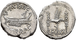 Mark Antony, 44-30 BC. Denarius (Silver, 19 mm, 3.65 g, 6 h), military mint moving with Mark Antony (Patrae?), 32-31. ANT•AVG - III VIR•R•P•C Galley r...