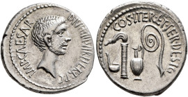 Octavian, 44-27 BC. Denarius (Silver, 20 mm, 3.88 g, 3 h), uncertain mint in Italy, summer 37. IMP•CAESAR DIVI•F•III•VIR•ITER•R•P•C Bare head of Octav...