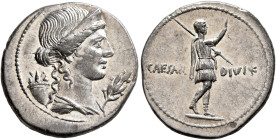 Octavian, 44-27 BC. Denarius (Silver, 20 mm, 4.07 g, 3 h), uncertain mint in Italy (Rome?), autumn 32-summer 31. Diademed and draped bust of Pax to ri...