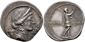 Octavian, 44-27 BC. Denarius (Silver, 18 mm, 3.79 g, 1 h), uncertain mint in Italy (Rome?), autumn 32-summer 31. Diademed and draped bust of Pax to ri...
