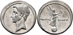 Octavian, 44-27 BC. Denarius (Silver, 20 mm, 3.77 g, 1 h), uncertain mint in Italy (Rome?), autumn 31-summer 30. Bare head of Octavian to left. Rev. C...