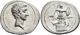 Octavian, 44-27 BC. Denarius (Silver, 22 mm, 3.80 g, 6 h), uncertain Italian mint (Rome?), autumn 30-summer 29. Bare head of Octavian to right. Rev. I...