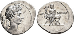 Octavian, 44-27 BC. Denarius (Silver, 20 mm, 3.72 g, 12 h), uncertain mint in Italy (Rome?), autumn 30-summer 29. Laureate bust of Octavian as Jupiter...
