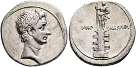 Octavian, 44-27 BC. Denarius (Silver, 20 mm, 3.95 g, 9 h), uncertain mint in Italy (Rome?), autumn 30-summer 29. Laureate head of Octavian to right. R...