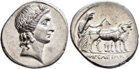 Octavian, 44-27 BC. Denarius (Silver, 20 mm, 3.76 g, 6 h), uncertain mint in Italy (Rome?), autumn 30-summer 29. Laureate head of Apollo of Actium to ...