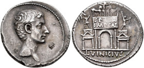 Augustus, 27 BC-AD 14. Denarius (Silver, 18 mm, 3.87 g, 5 h), L. Vinicius, moneyer, Rome, 16 BC. Bare head of Augustus to right. Rev. L VINICIVS Trium...