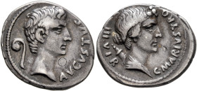 Augustus, 27 BC-AD 14. Denarius (Silver, 19 mm, 3.62 g, 5 h), C. Marius Tromentina, moneyer. Rome, 13 BC. AVGVSTVS Bare head of Augustus to right; beh...
