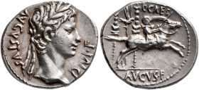 Augustus, 27 BC-AD 14. Denarius (Silver, 20 mm, 3.76 g, 12 h), Lugdunum, 8-7 BC. AVGVSTVS DIVI•F Laureate head of Augustus to right. Rev. C•CAES / AVG...