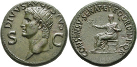 Divus Augustus, died AD 14. Dupondius (Orichalcum, 28 mm, 16.31 g, 7 h), Rome, struck under Gaius (Caligula), 37-41. DIVVS AVGVSTVS / S - C Radiate he...