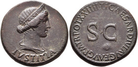 Julia Augusta (Livia), Augusta, 14-29. Dupondius (Orichalcum, 28 mm, 15.37 g, 6 h), Rome, struck under Tiberius, 22-23. IVSTITIA Diademed and draped b...