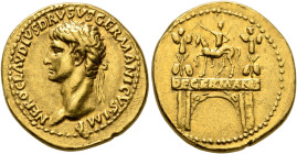 Nero Claudius Drusus, died 9 BC. Aureus (Gold, 20 mm, 7.71 g, 2 h), Lugdunum, struck under Claudius, circa 41-45. NERO•CLAVDIVS•DRVSVS•GERMANICVS•IMP ...