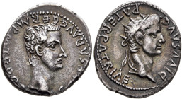 Gaius (Caligula), with Divus Augustus, 37-41. Denarius (Silver, 18 mm, 3.52 g, 5 h), Lugdunum, 37. C•CAESAR•AVG•GERM•P•M•TR•POT Bare head of Gaius to ...