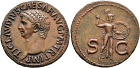 Claudius, 41-54. As (Copper, 29 mm, 10.50 g, 6 h), Rome, 41-42. TI CLAVDIVS CAESAR AVG P M TR P IMP Bare head of Claudius to left. Rev. S - C Minerva,...