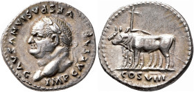 Vespasian, 69-79. Denarius (Silver, 19 mm, 3.34 g, 7 h), Rome, 77-78. IMP CAESAR VESPASIANVS AVG Laureate head of Vespasian to left. Rev. COS VIII Yok...