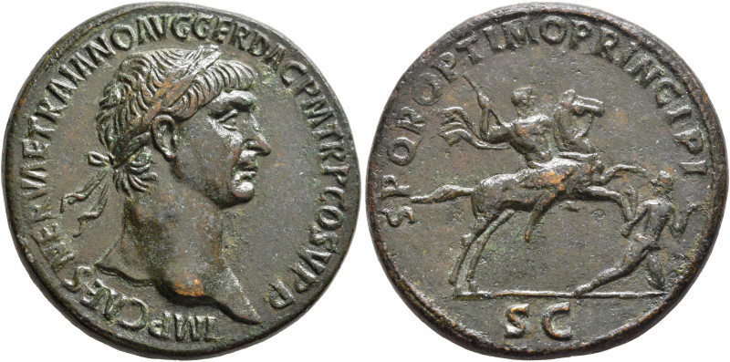 Trajan, 98-117. Sestertius (Orichalcum, 33 mm, 23.35 g, 6 h), Rome, circa 104/5-...