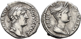 Hadrian, with Sabina, 117-138. Denarius (Silver, 18 mm, 3.39 g, 6 h), uncertain mint in the East, circa 130-135. HADRIANVS AVGVSTVS Laureate head of H...