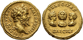 Septimius Severus, with Julia Domna, Caracalla, and Geta, 193-211. Aureus (Gold, 20 mm, 7.19 g, 6 h), Rome, 201. SEVERVS PIVS AVG P M TR P VIIII Laure...