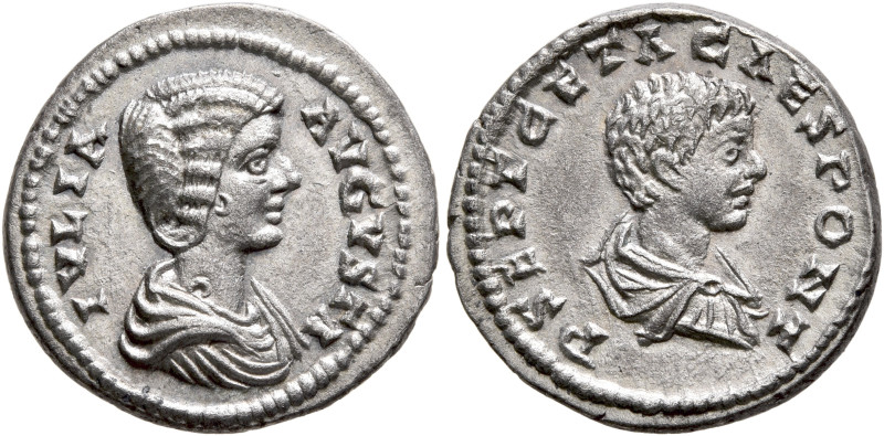 Julia Domna, with Geta as Caesar, Augusta, 193-217. Denarius (Silver, 18 mm, 3.2...