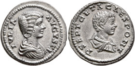 Julia Domna, with Geta as Caesar, Augusta, 193-217. Denarius (Silver, 18 mm, 3.23 g, 12 h), Laodicea ad Mare, 201. IVLIA AVGVSTA Draped bust of Julia ...