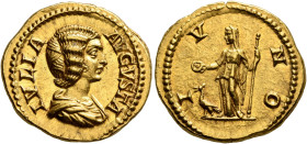 Julia Domna, Augusta, 193-217. Aureus (Gold, 20 mm, 7.35 g, 12 h), Rome, 206. IVLIA AVGVSTA Draped bust of Julia Domna to right. Rev. IVNO Juno, veile...