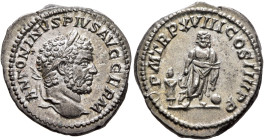 Caracalla, 198-217. Denarius (Silver, 19 mm, 3.74 g, 1 h), Rome, 215. ANTONINVS PIVS AVG GERM Laureate head of Caracalla to right. Rev. P M TR P XVIII...