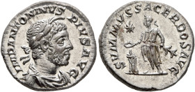 Elagabalus, 218-222. Denarius (Silver, 18 mm, 3.85 g, 6 h), Rome, 221-222. IMP ANTONINVS PIVS AVG Laureate and draped bust of Elagabalus to right, wea...
