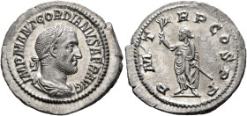 Gordian I, 238. Denarius (Silver, 21 mm, 2.82 g, 1 h), Rome, March-April 238. IMP M ANT GORDIANVS AFR AVG Laureate, draped and cuirassed bust of Gordi...