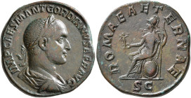 Gordian II, 238. Sestertius (Orichalcum, 29 mm, 18.00 g, 12 h), Rome, March-April 238. IMP CAES M ANT GORDIANVS AFR AVG Laureate, draped and cuirassed...