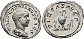 Gordian III, as Caesar, 238. Denarius (Silver, 21 mm, 3.46 g, 6 h), Rome, circa April-June 238. M ANT GORDIANVS CAES Bare-headed and draped bust of Go...