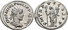 Philip II, 247-249. Antoninianus (Silver, 23 mm, 4.31 g, 6 h), Antiochia, 249. IMP M IVL PHILIPPVS AVG Radiate, draped and cuirassed bust of Philip II...