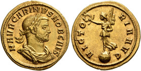 Carinus, as Caesar, 282-283. Aureus (Gold, 19 mm, 4.58 g, 6 h), Siscia, 282. M AVR CARINVS NOB CAES Laureate, draped and cuirassed bust of Carinus to ...