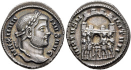 Maximianus, first reign, 286-305. Argenteus (Silver, 18 mm, 3.39 g, 1 h), Siscia, autumn 294-295. MAXIMIA-NVS AVG Laureate head of Maximianus to right...