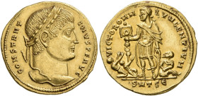 Constantine I, 307/310-337. Solidus (Gold, 19 mm, 4.62 g, 5 h), Thessalonica, 324. CONSTANT-INVS P F AVG Laureate head of Constantine I to right. Rev....