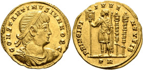 Constantine II, as Caesar, 316-337. Solidus (Gold, 20 mm, 4.42 g, 6 h), Treveri, 335-336. CONSTANTINVS IVN NOB C Diademed, draped and cuirassed bust o...