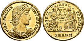 Constantius II, 337-361. Solidus (Gold, 21 mm, 4.48 g, 6 h), Antiochia, 347-355. FL IVL CONSTAN-TIVS PERP AVG Pearl-diademed, draped and cuirassed bus...