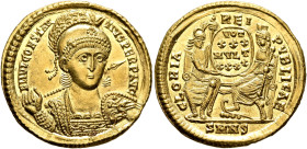 Constantius II, 337-361. Solidus (Gold, 21 mm, 4.47 g, 6 h), Nicomedia, 351-355. FL IVL CONSTAN-TIVS PERP AVG Helmeted, pearl-diademed and cuirassed b...