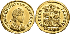 Valentinian II, 375-392. Solidus (Gold, 21 mm, 4.46 g, 12 h), Aquileia, 381. D N VALENTINIANVS IVN P F AVG Pearl-diademed, draped and cuirassed bust o...
